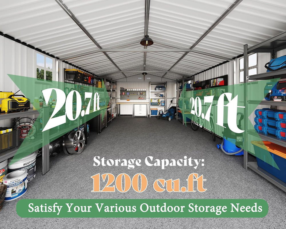 AMERLIFE 10x21x7.3 FT Garage Shed with 3 Lockable Doors & Reinforced Frame