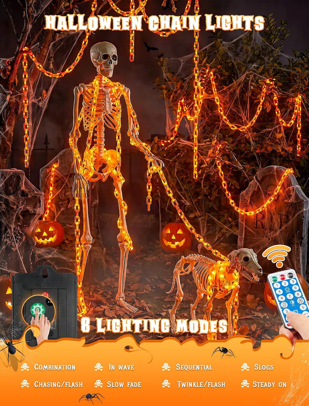 Solar Halloween Chain Lights, 10.4 FT 175 LED Orange Plastic Chain
