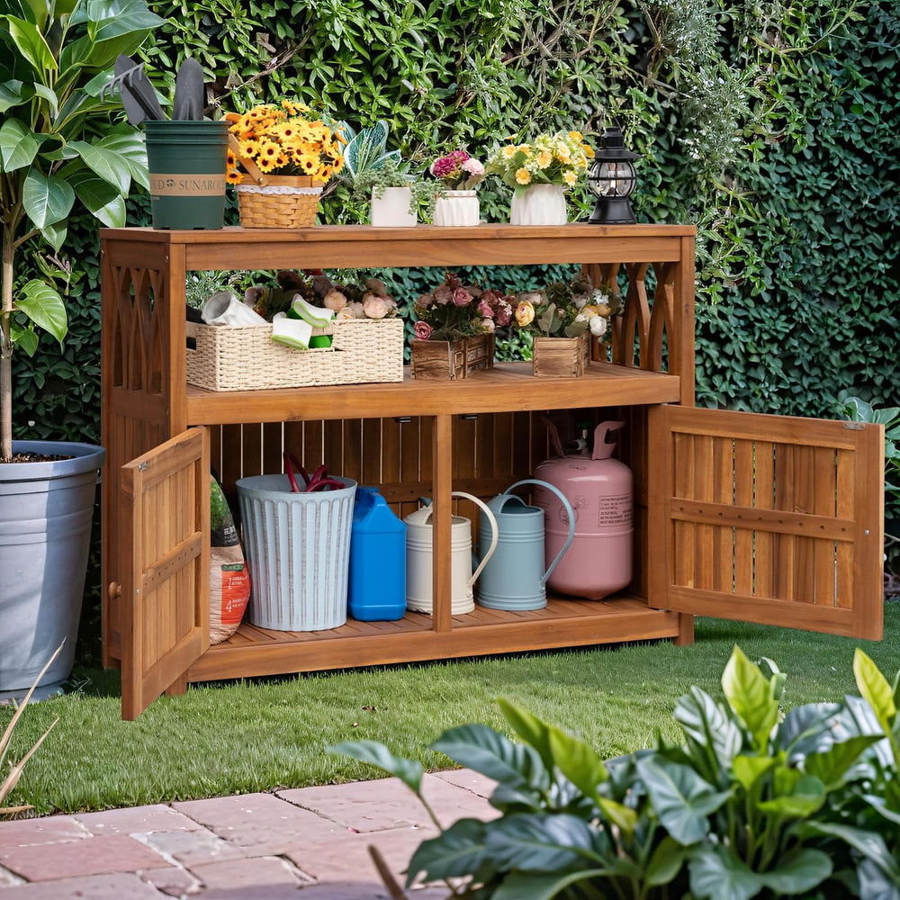 Greesum 2โTier Acacia Wood Outdoor Storage Cabinet with 2 Magnetic Doors