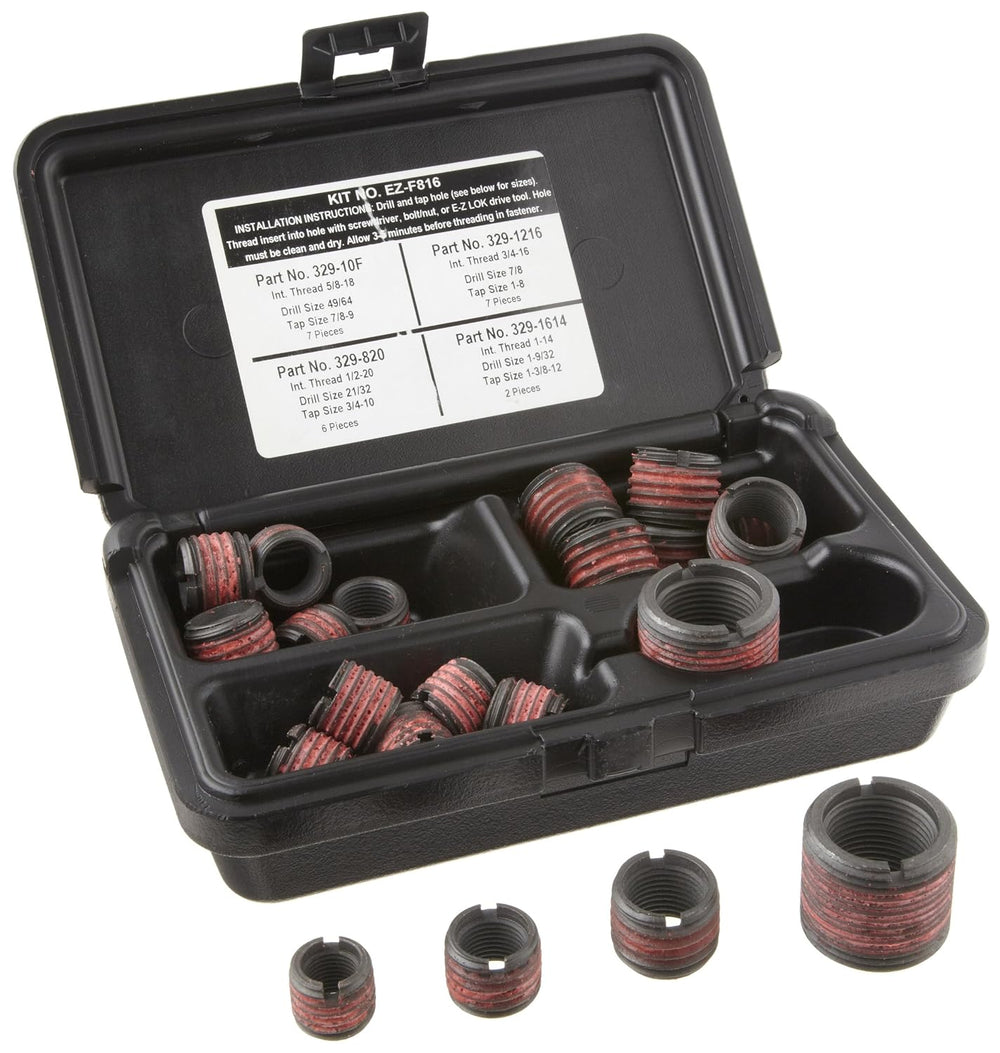 E-Z LOK Thread Insert Assortment Kit for Metal, 0.5-20 to 1-14, 22 ct
