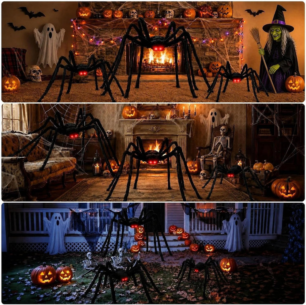 8Ft Giant Hairy Black Spider with Glowing Eyes, 3 Packs(8Ft+5Ft+3Ft) Hallowee...