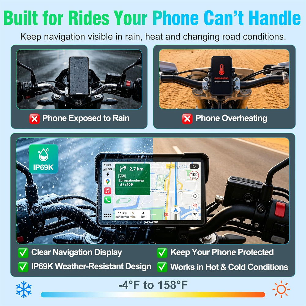 2026 Weuaste 7" Wireless Motorcycle CarPlay with Android Auto/iOS, GPS N...