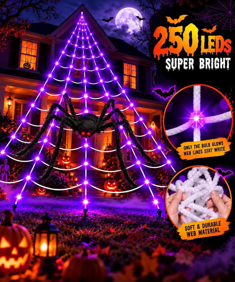 Giant Lighted Spider Web Halloween Decorations, 16.4 FT Web with 250 Purple L...