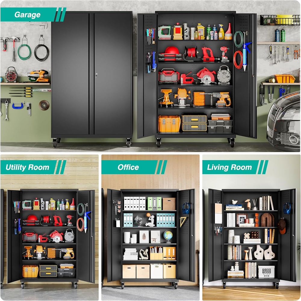 SISESOL Wide & Deep Metal Storage Cabinet with Wheels,Tall Rolling Garage...