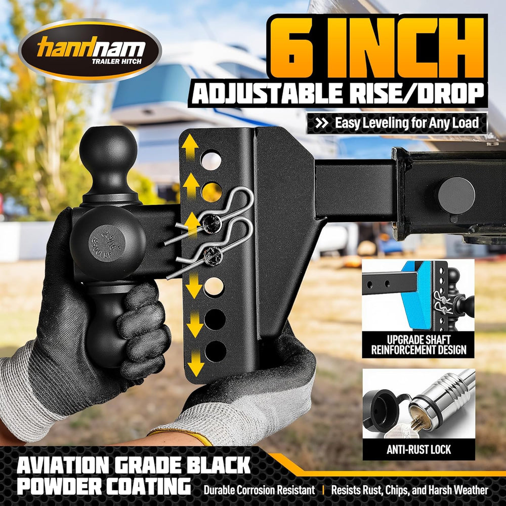 Drop Hitch Adjustable Trailer Hitch, Tow Hitch with 6-Inch Drop/Rise for Truc...