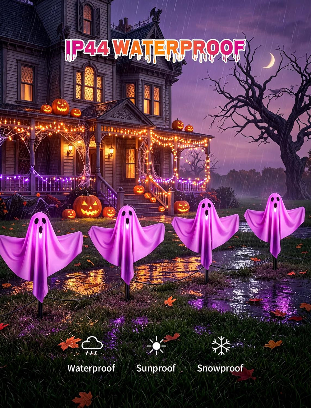 11.5Ft Halloween Light up Outdoor Ghost Pathway Lights, 4PK Purple Lights