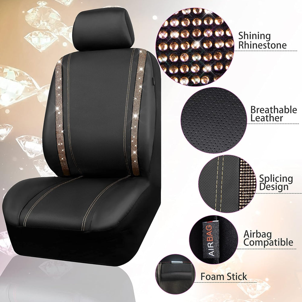 CAR PASS Bling Diamond Car Seat Covers Full Sets, Shining Rhinestone Waterpro...