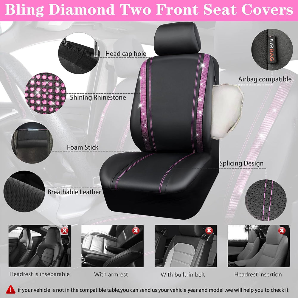 CAR PASS Bling Diamond Car Seat Covers Full Set, Shining Rhinestone Waterproo...