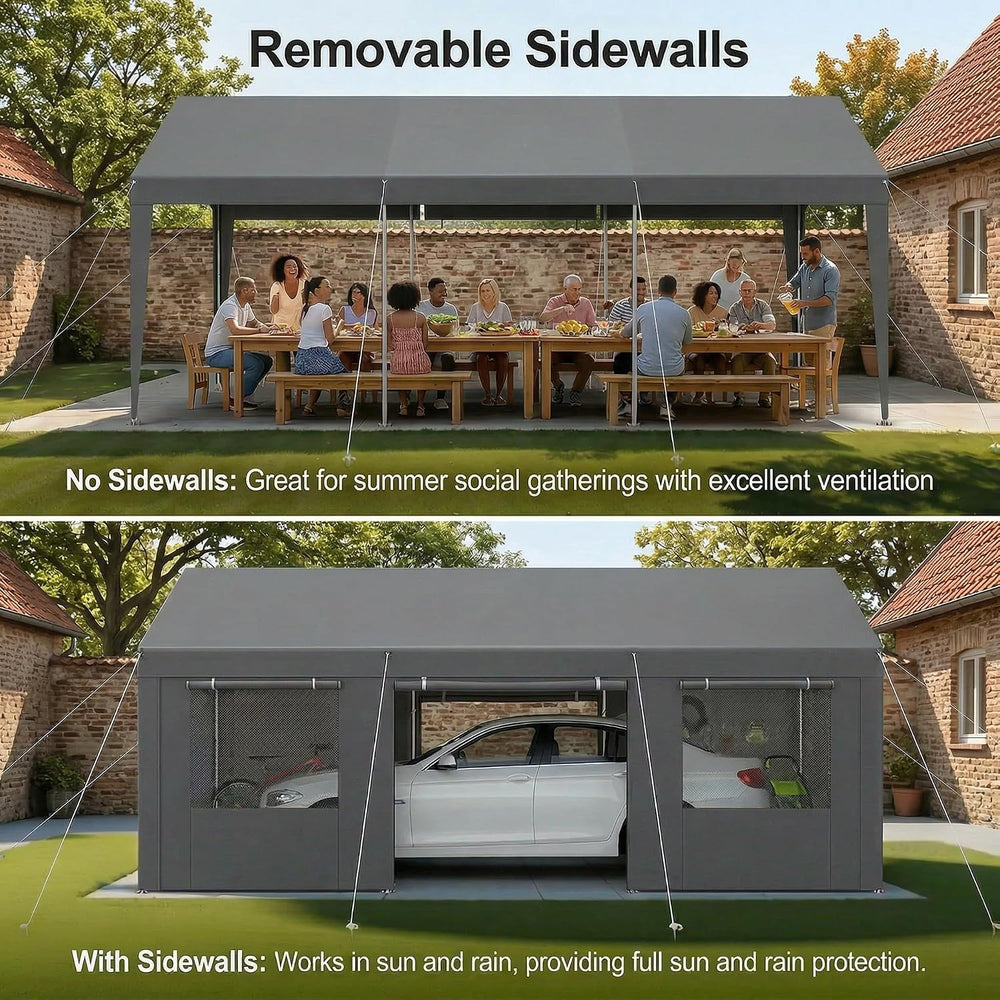 12x20 FT Heavy Duty Carport with Galvanized Frame, Gray