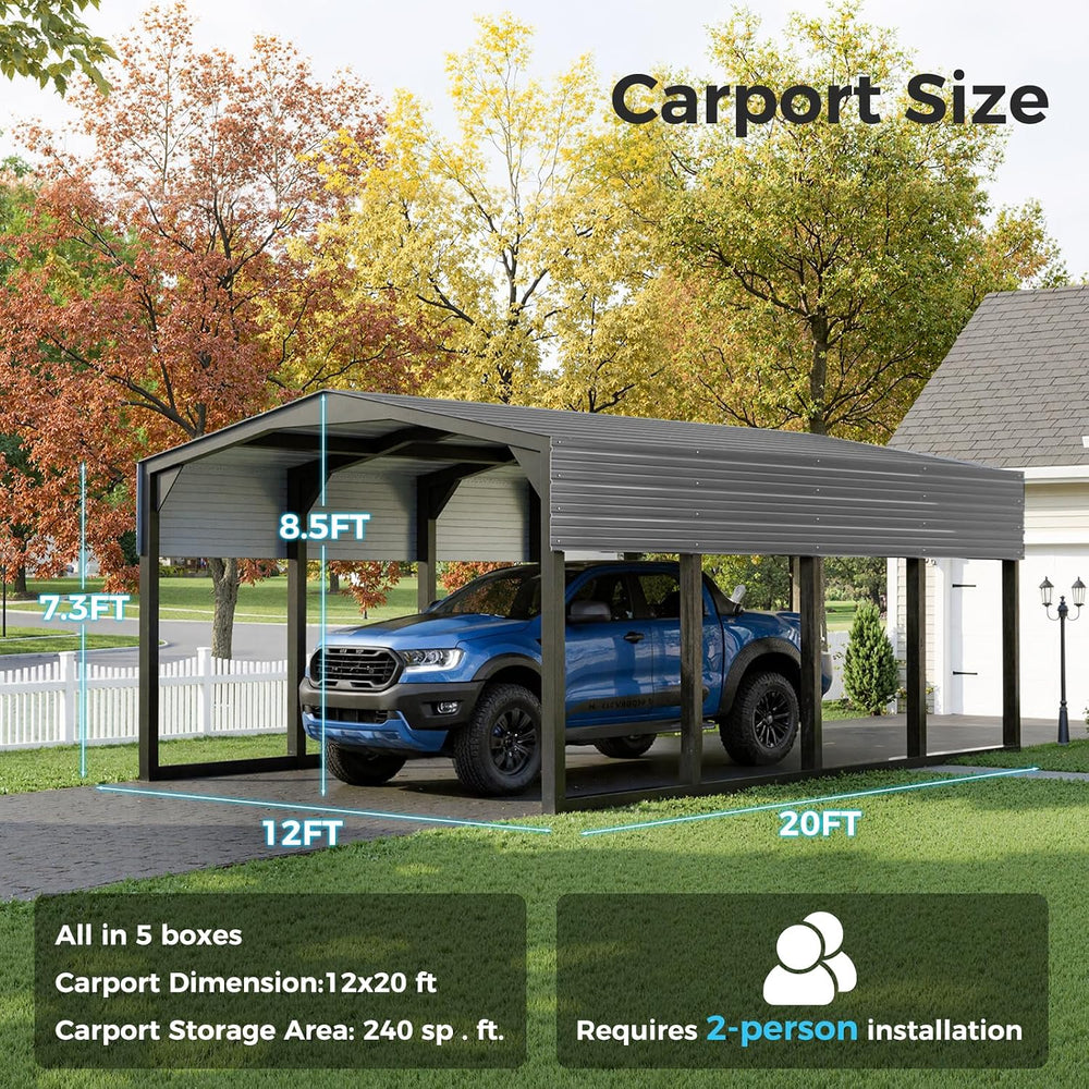 12ร20 FT Carport, 2"x2" Reinforced Frame & 29-Gauge Leak-Resist...