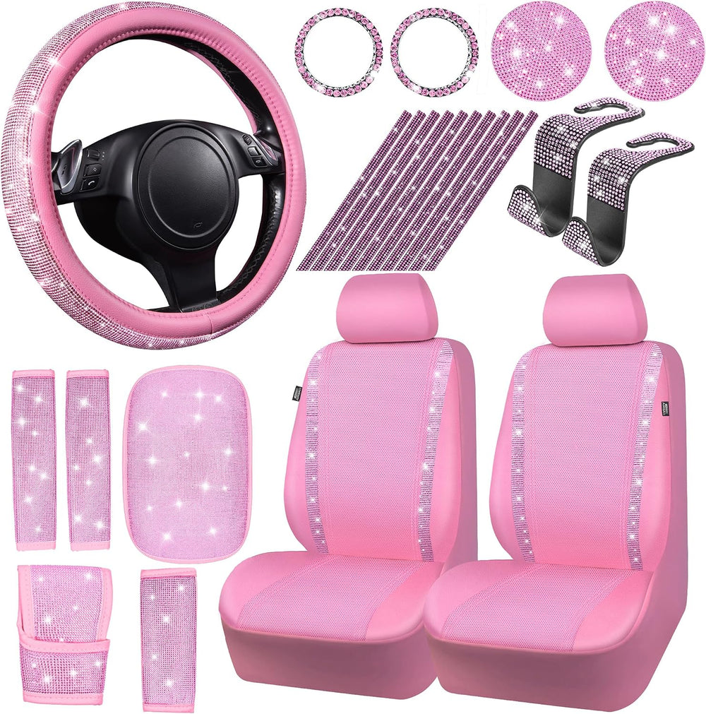 CAR PASS 24 PCS Pink Bling Diamond Accessories Set for Women, Leather Seat Co...