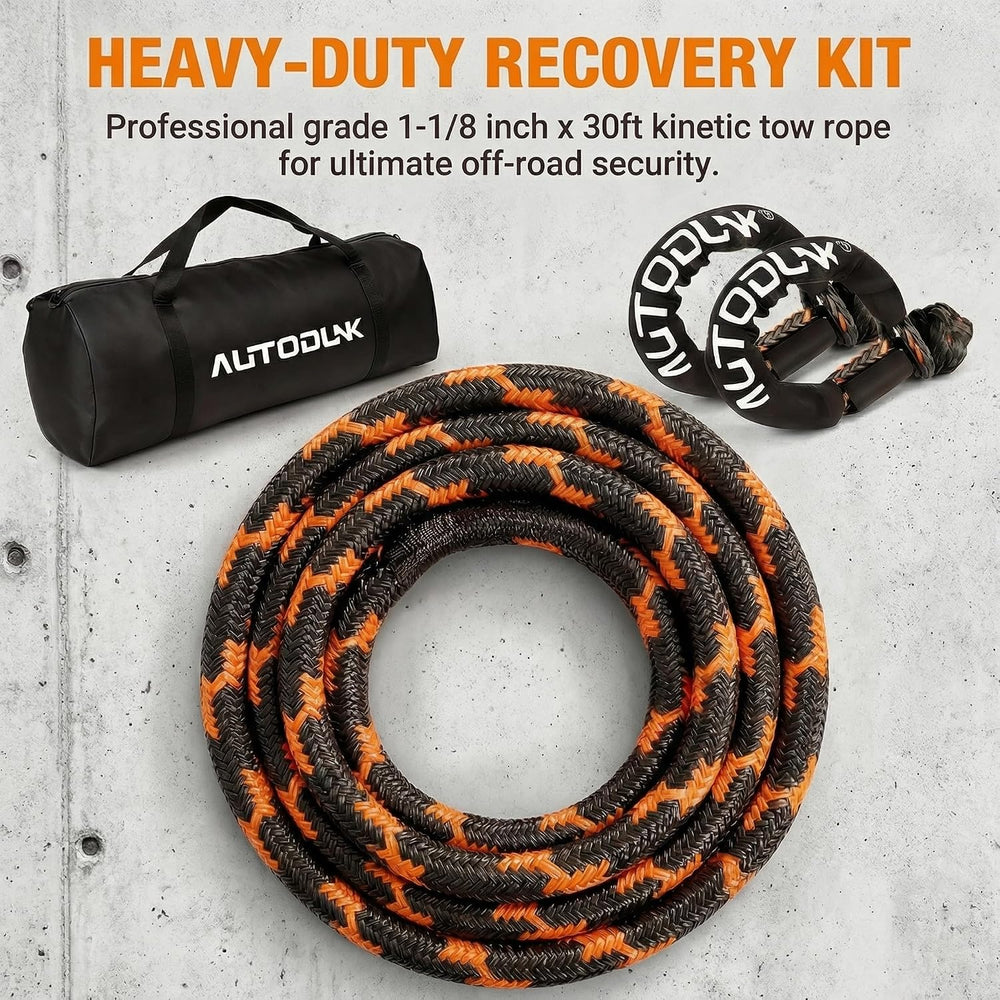 1-1/8" x 30' Kinetic Recovery Tow Rope (48,600lbs), with 2 Soft Shac...