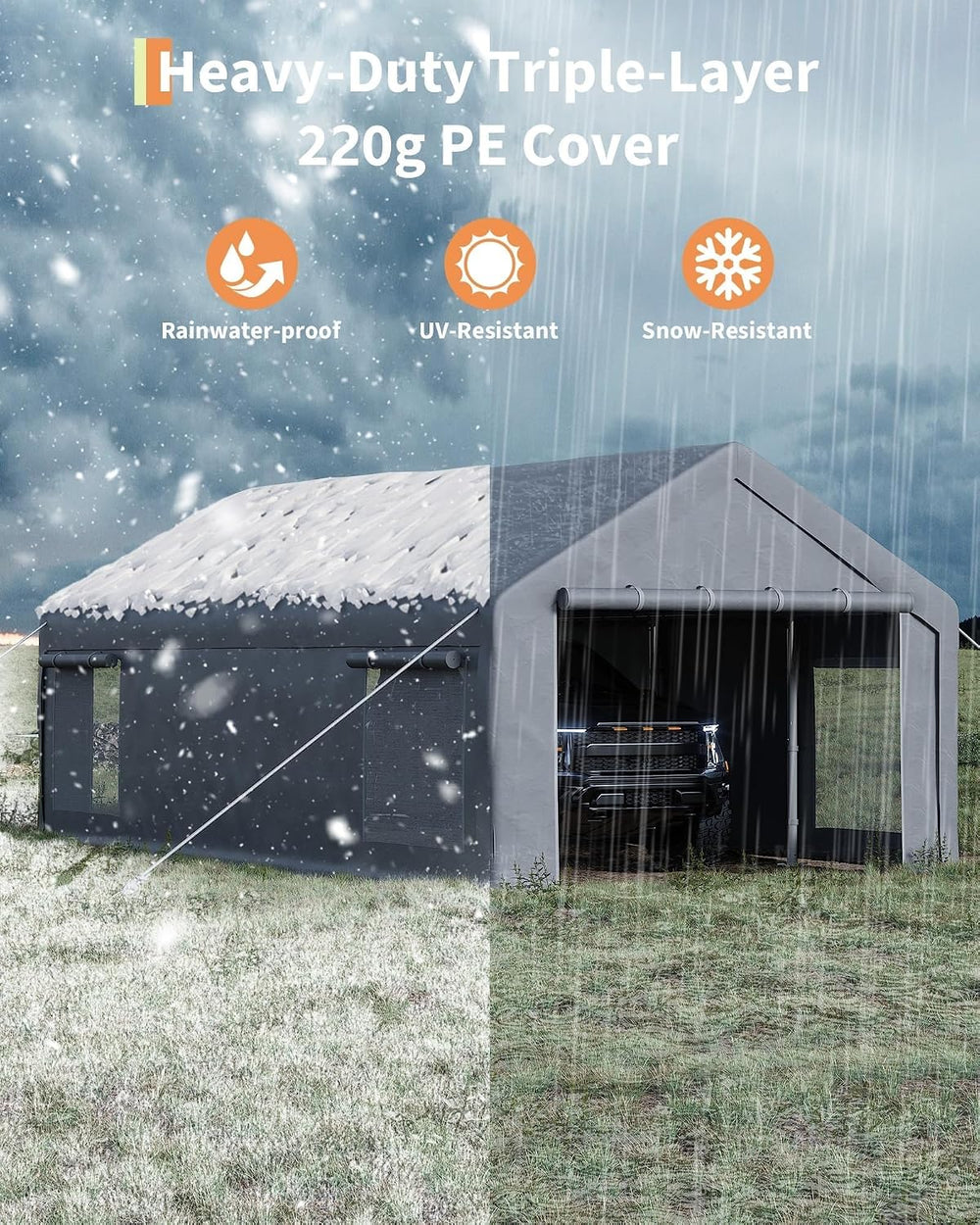 13x25 Ft Carport with 10 Sandbags, Car Port with 220g PE Tarp, 2 Roll-Up Door...