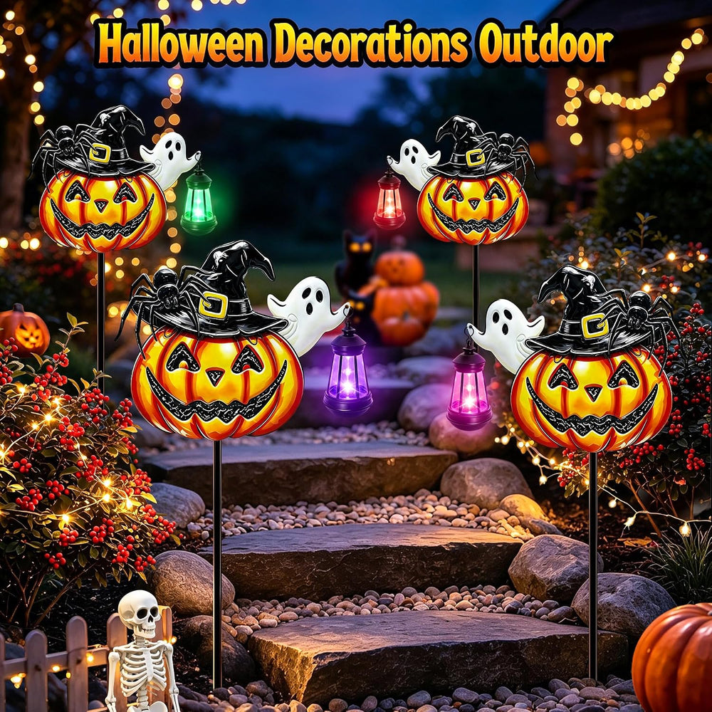 Halloween Decorations Outdoor Metal Solar Pumpkin Lights with Solar Lantern