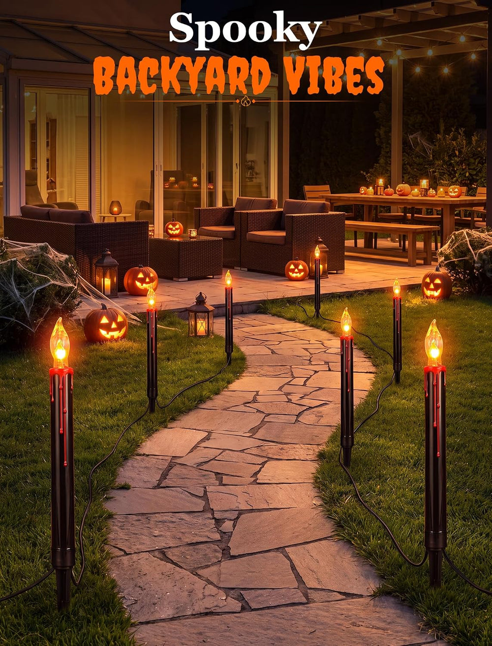 19.5Ft Halloween Candle Pathway Lights, 10-Light Black Blood Drip Stakes
