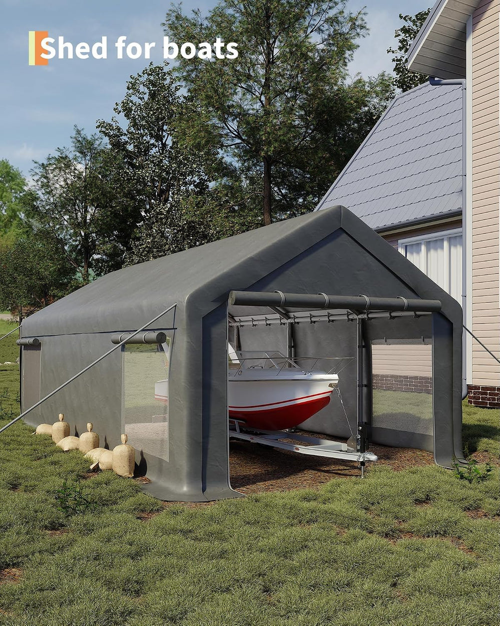 13x25 Ft Carport with 10 Sandbags, Car Port with 220g PE Tarp, 2 Roll-Up Door...