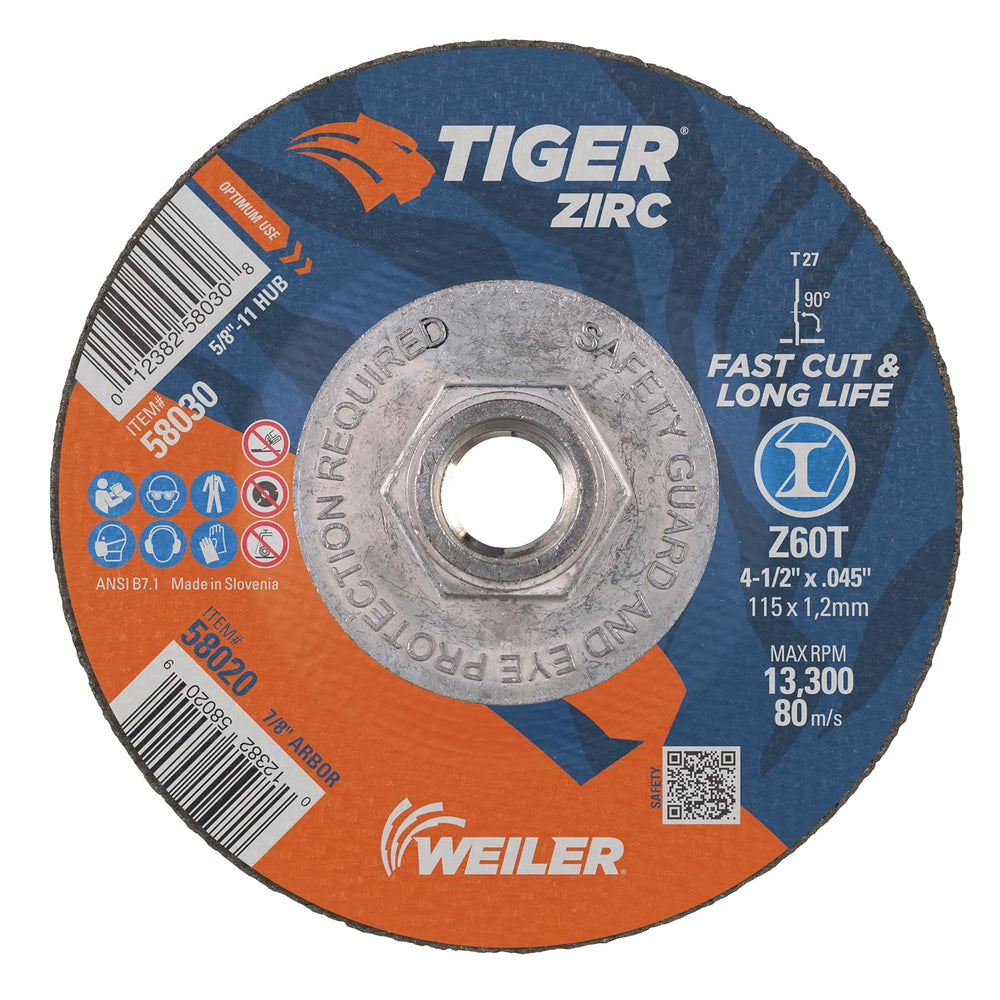 Weiler 58030 4-1/2 Inch Cutting Wheel, Tiger Zirc Steel/Metal Fast Cut & ...