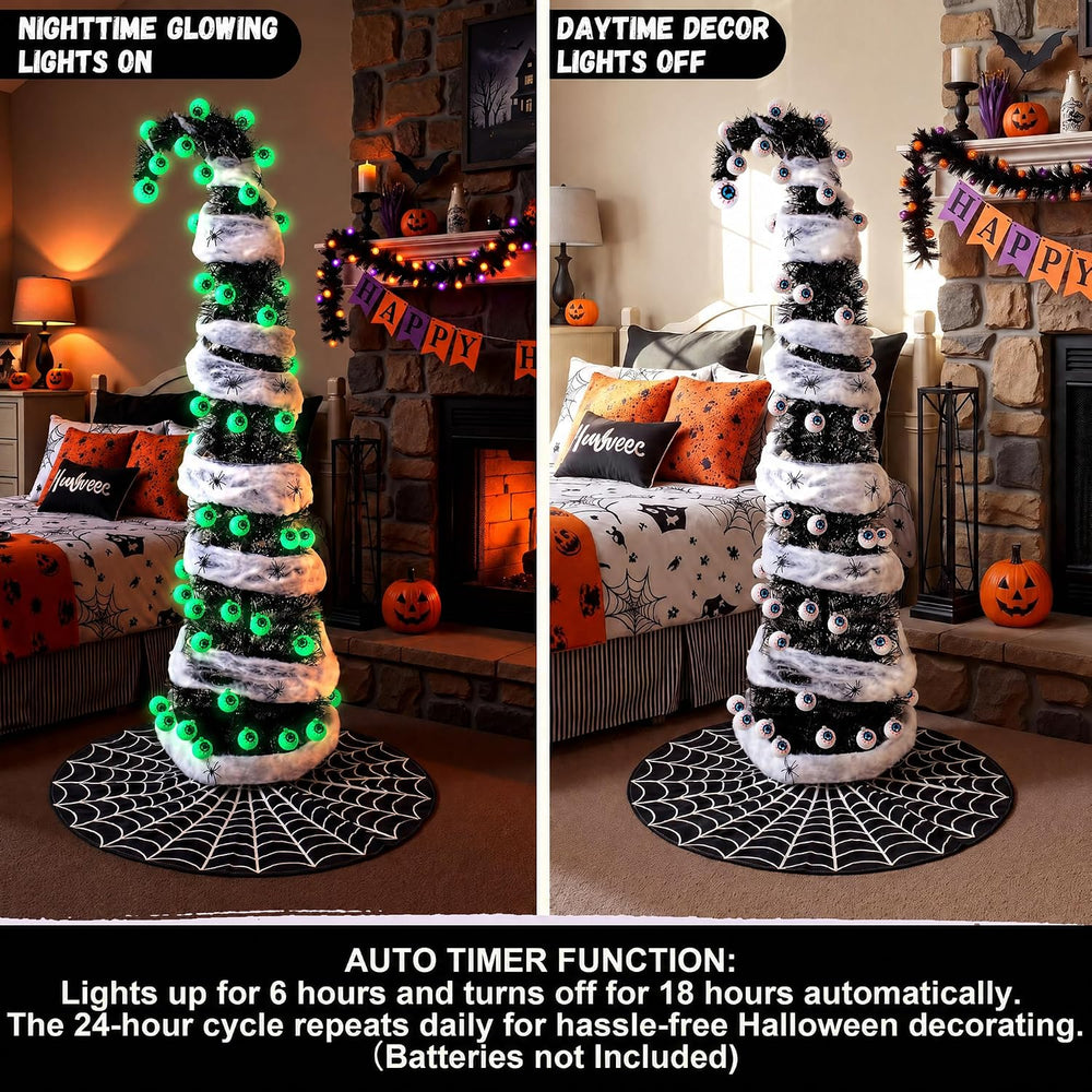 5FT Black Halloween Christmas Tree with 50 Eyeball Lights, Whimsical Pop Up T...