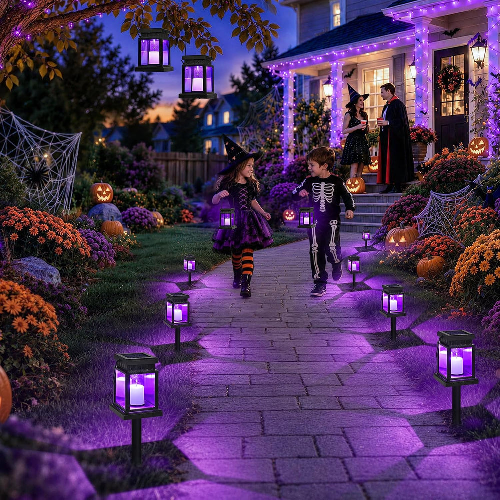 GIGALUMI 8 Pack Solar Halloween Lanterns Outdoor, Candle Lights with Stakes