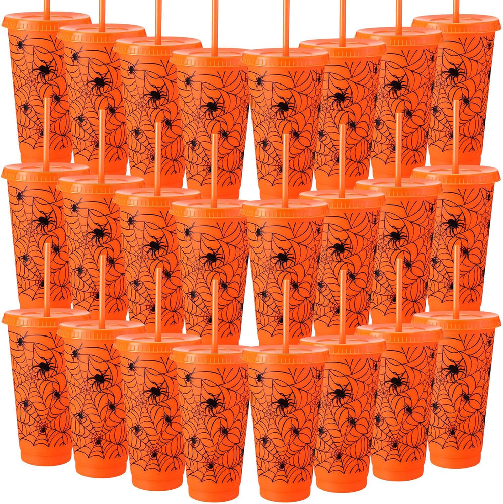 Funnymoom 24 Pcs Orange Halloween Spiderweb Plastic Cups Bulk, 24 oz