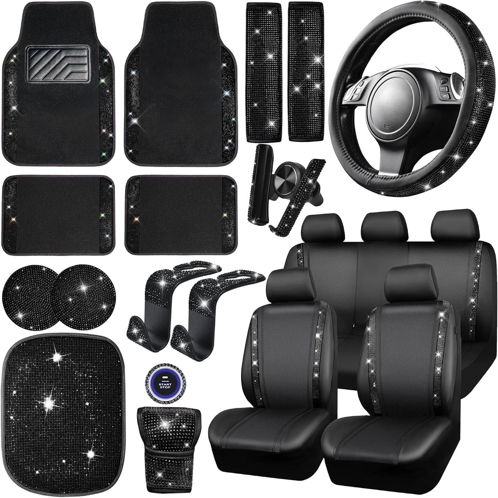 CAR PASS 23 PCS Bling Diamond Car Accessories Set for Women, Leather Seat Cov...