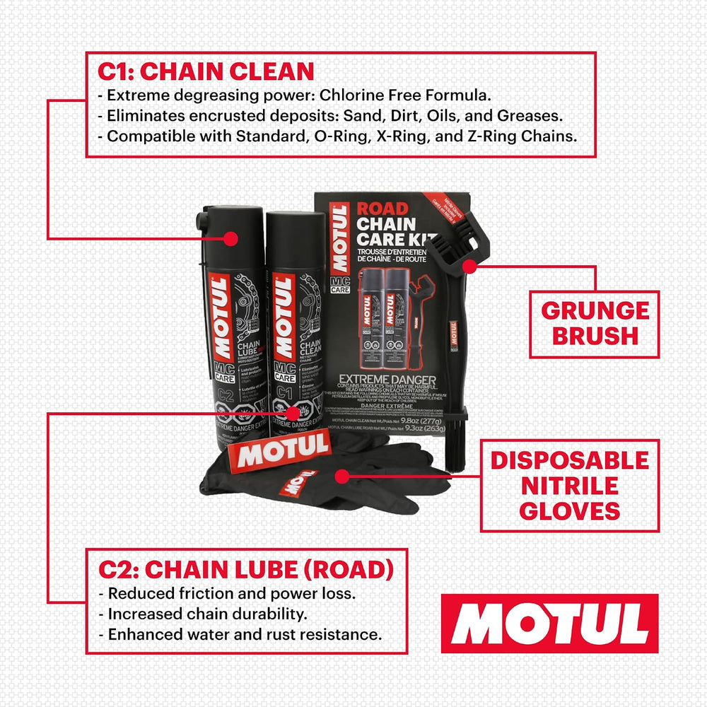 Motul C1 Chain Cleaner and C2 Motorcycle Chain Lube Kit with Brush, Gloves, a...