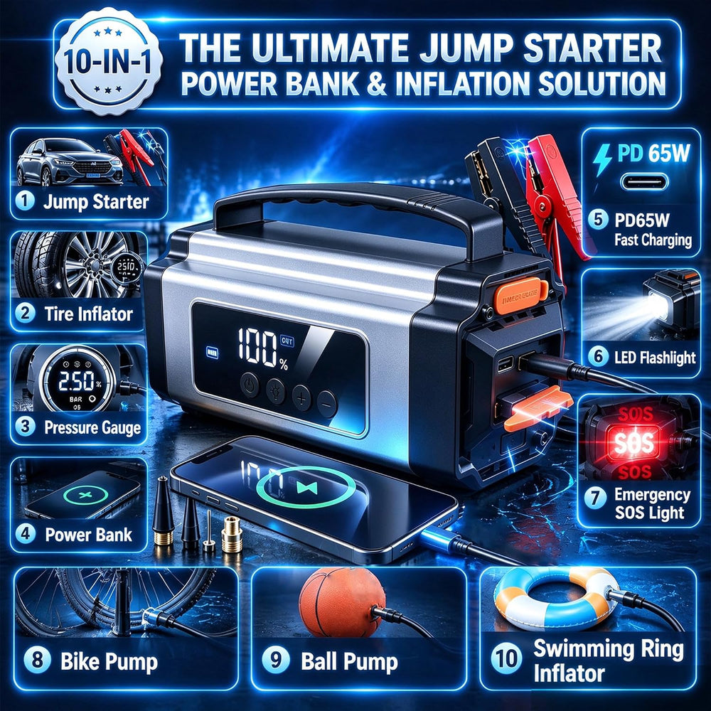 9000A Jump Starter with Air Compressor, 10-in-1 Portable Car Battery Booster ...