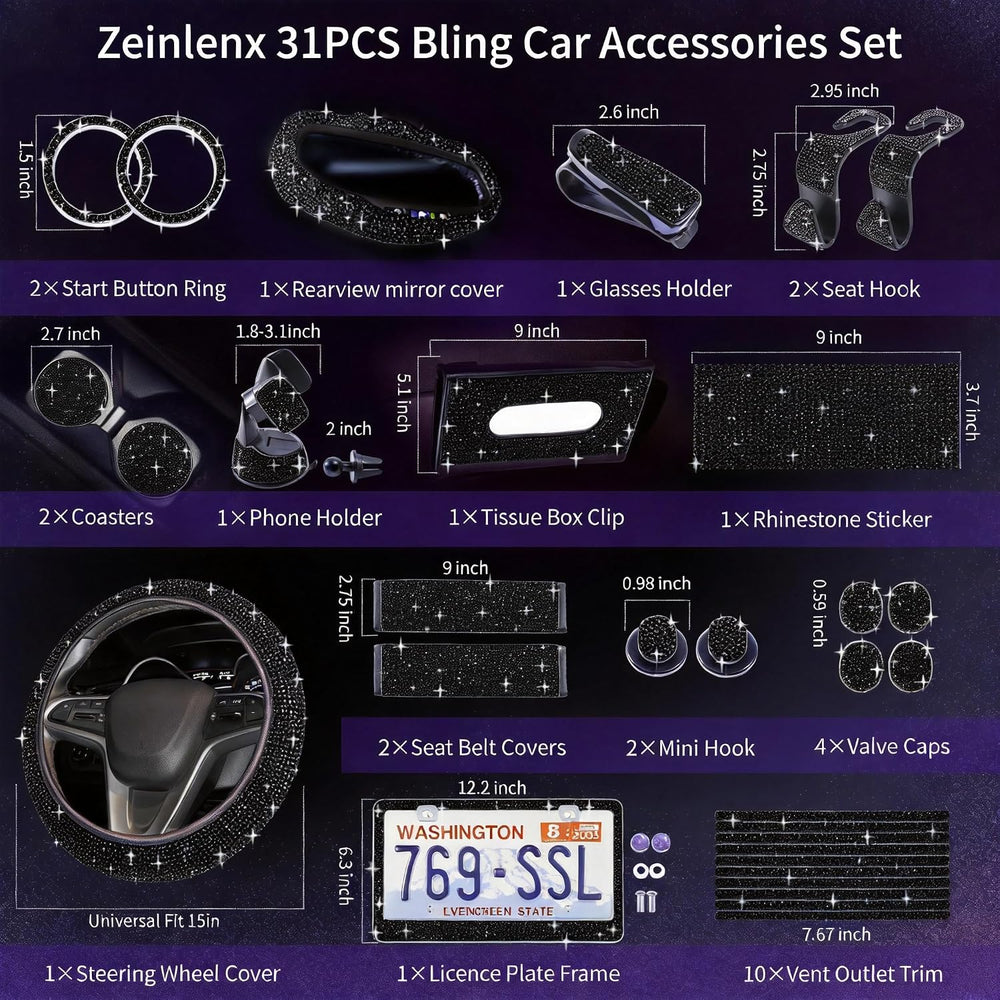 Bling Car Accessories Set, Rhinestone Car Accessories Set for Women, Bling St...