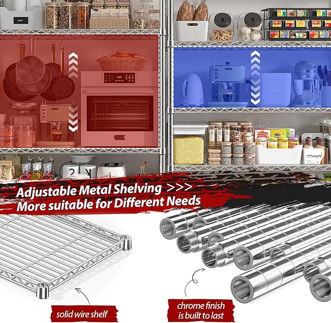 REIBII 1500LBS Storage Shelves 61.7''W Wire Shelving Unit 5 Tier Meta...