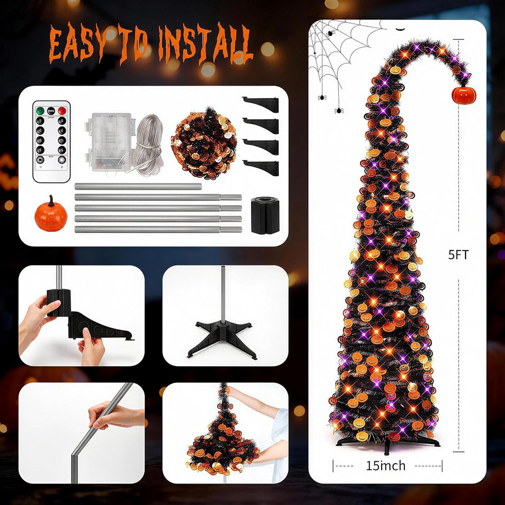 Curved Pumpkin Halloween Tree 5FT with Remote Timer Purple Orange Lights