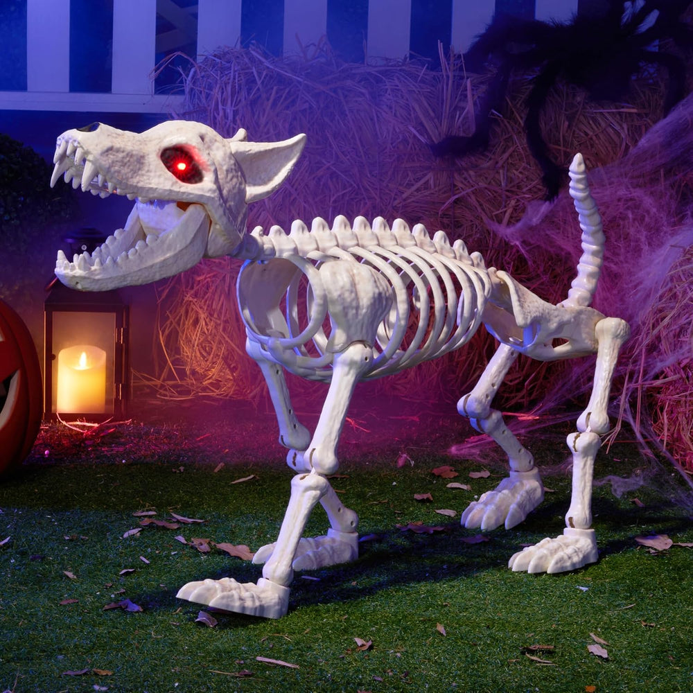 JOYIN Howling Wolf Skeletons Halloween Decorations 34โ Skeleton Dog with Red ...