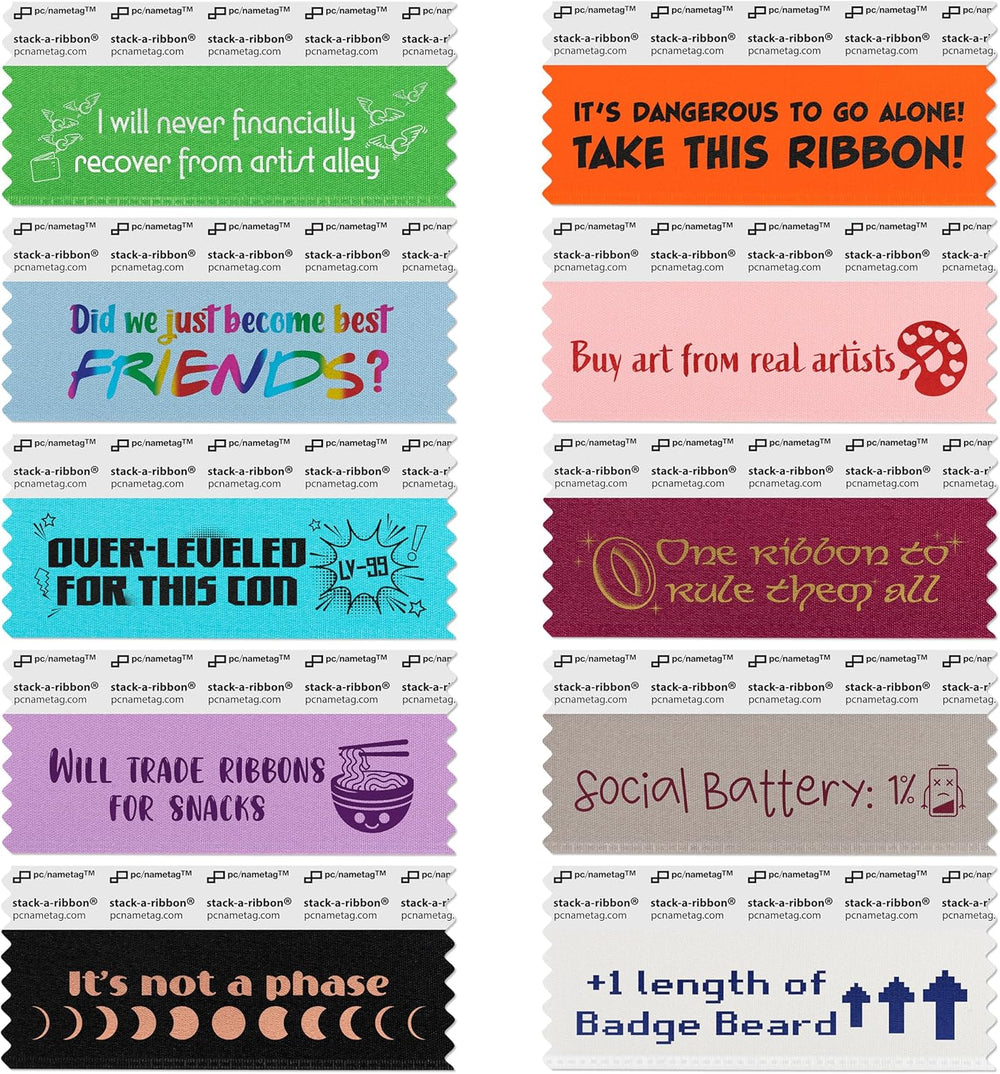3.5 Inch Con Culture Badge Ribbons, 100 Pack, 10 Popular Phrases