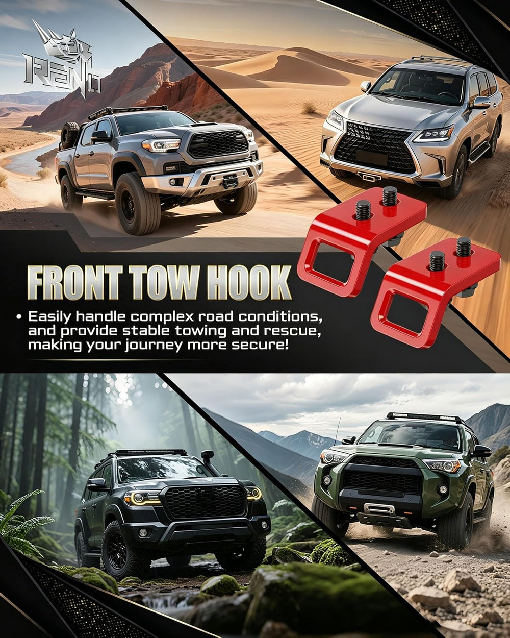 RENO 2024-2026 Tacoma Front Tow Hooks Truck Recovery Point (Red, 2 pcs) | 304...
