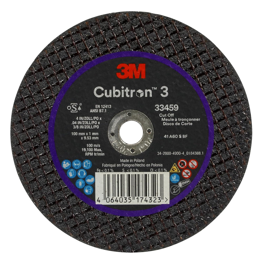 3M Cubitron 3 Cut-Off Wheel 33459, 4 in x 0.04 in x 3/8 in, Long Lasting Perf...