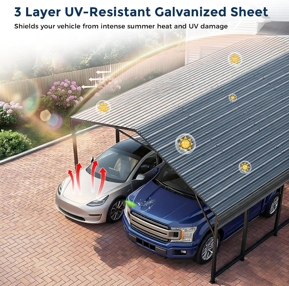 HOMSHADE 20x30FT Heavy Duty Metal Carport with 132ยฐSteep Anti-Pooling Roof