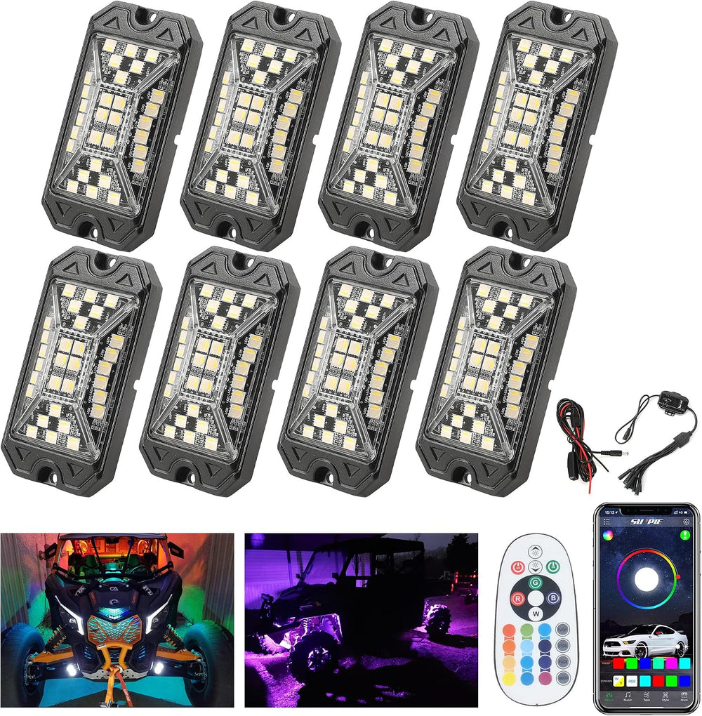 SUNPIE 8 Pods RGBW Rock Lights โ Full Beam Angle, 30 High Power Chips, Alumin...