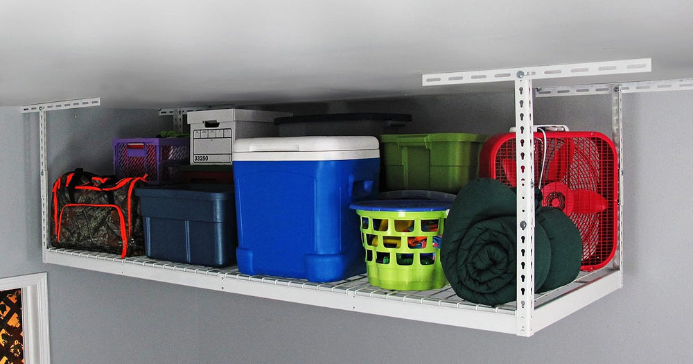 SafeRacks 3x8 Overhead Garage Storage Rack, White, 12"-21" Height