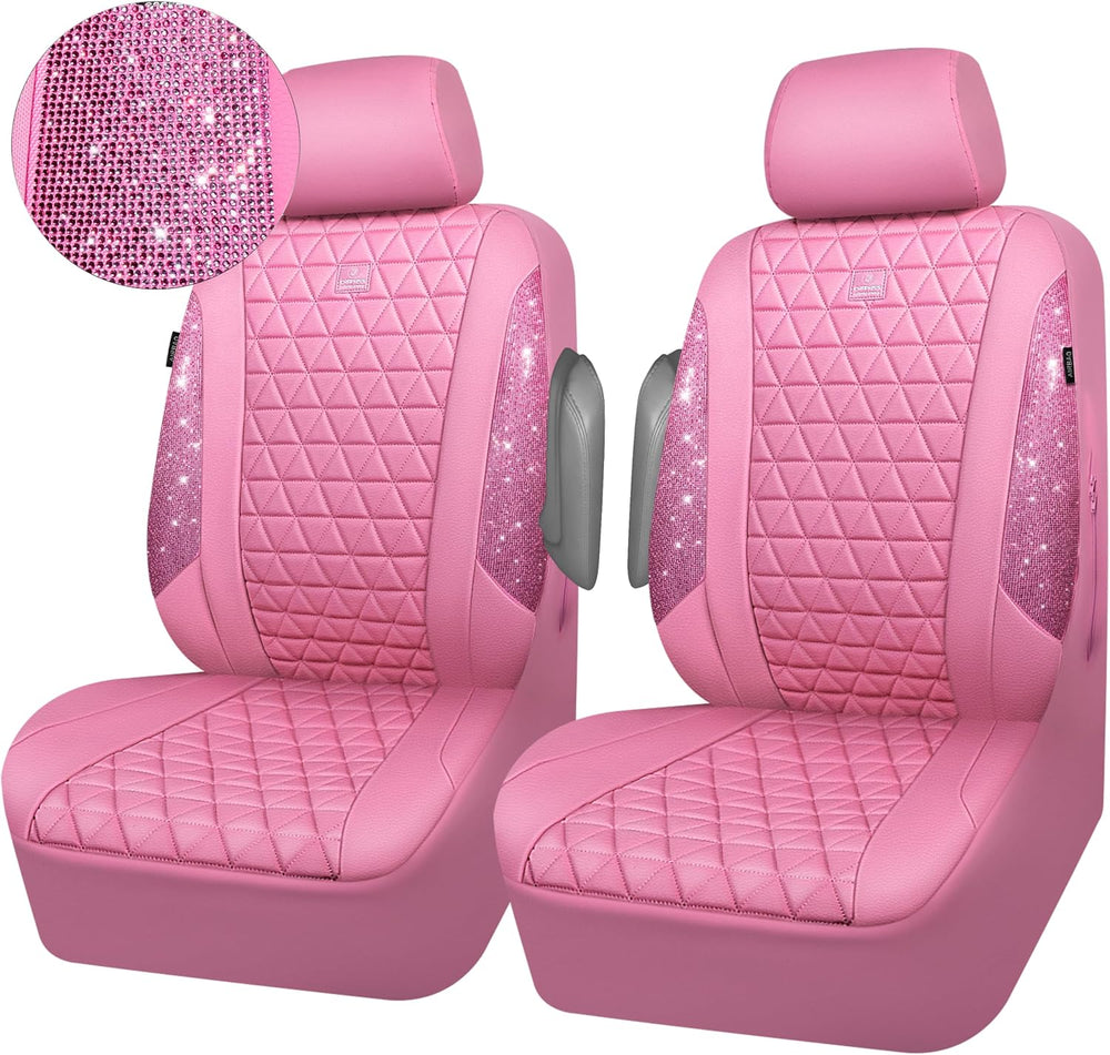 CAR PASS Bling Diamond Pink Leather Car Seat Covers for 2 Front Seats Protect...
