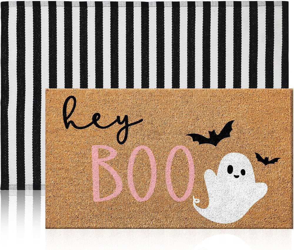 Duraaamo 2 Pcs Halloween Door Mat Outdoor, Ghost Pink Boo Style, Non Slip