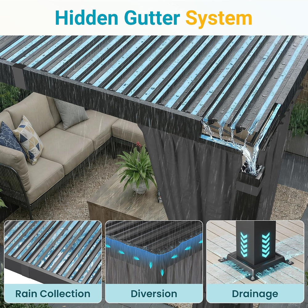 10' x 12' Pergola with Curtain & Adjustable Roof & Aluminum F...