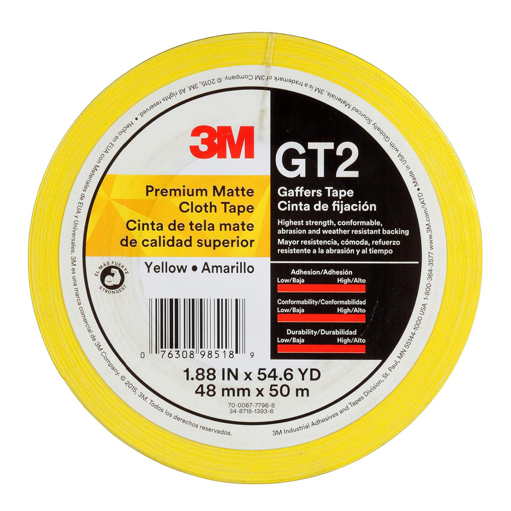 3M Premium Matte Cloth (Gaffers) Tape GT2, Yellow, 48 mm x 50 m, 11 mil