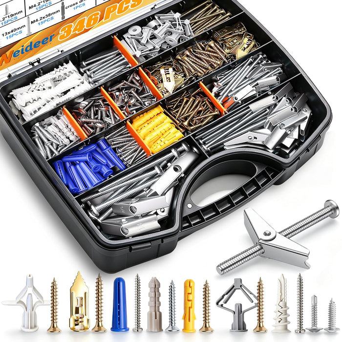 weideer 346PCS 11Sizes Drywall Anchors and Screws Assortment Kit,Toggle Bolts and Wing Nut Kit,Plastic Dry Wall Anchors with Wood Screws Handheld Box (1/4" 3/16" 1/8" #6#7#8 M8 M12 M13)
