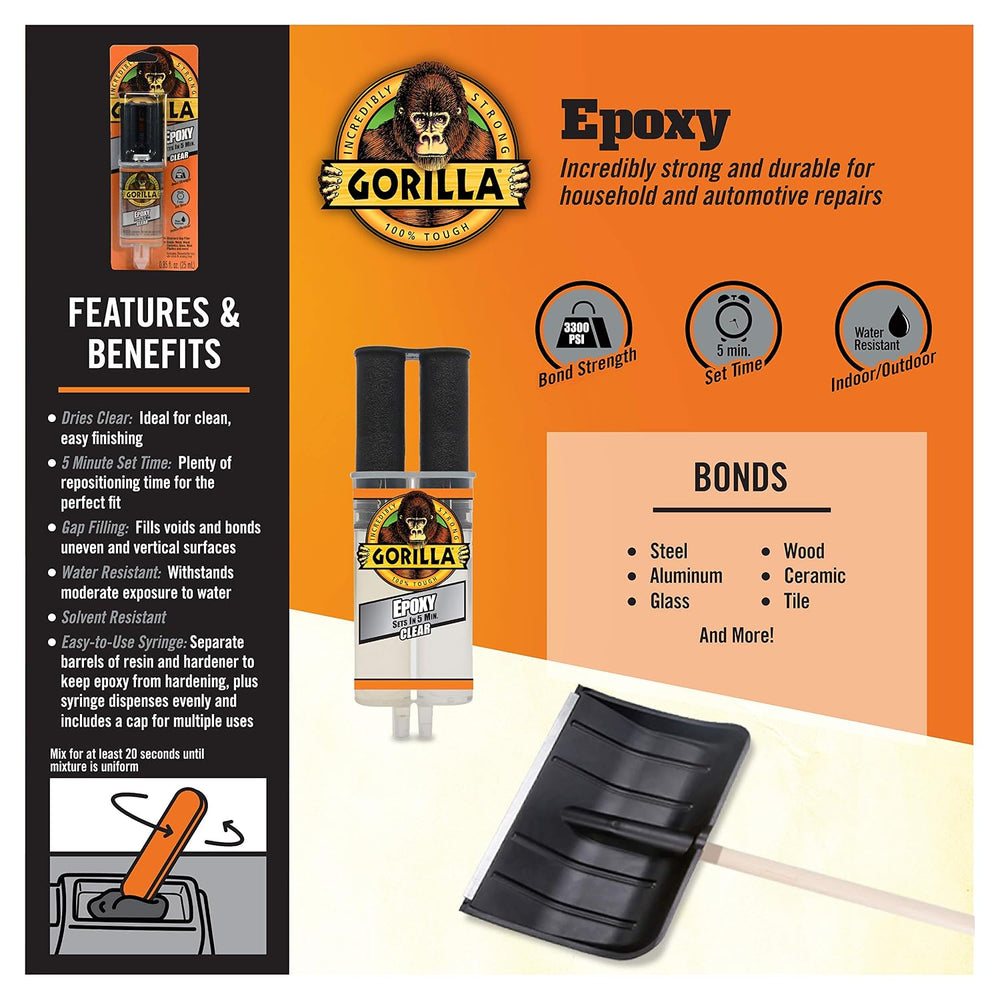 Gorilla 2 Part Epoxy, Clear Epoxy, 0.85 Ounce Syringe - 5 Minute Set, Incredi...