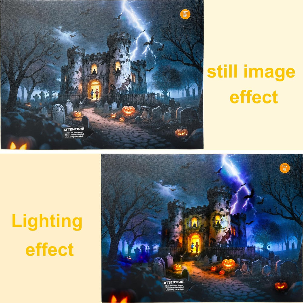 Halloween Canvas Wall Art with LED Lights and Sound Effects, 20x15 Inch