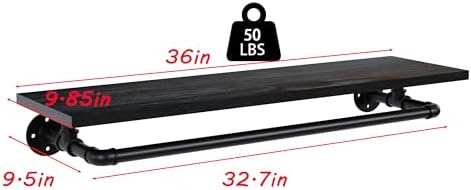 Black Clothes Rack 36in, Wall Mounted Garment Rack with Black Real Wood Shelf...