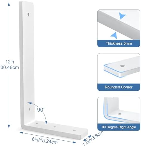 Heavy Duty Shelf Brackets, 6 Pack 12 Inch White L Metal Shelving Brackets, 5m...