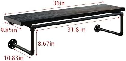 Clothes Rack 36in, Wall Mounted Garment Racks with Real Black Wood Shelf, Hea...