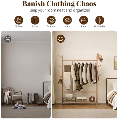 Yoobure Solid Wood Clothing Rack, 4-in-1 Wooden Clothes Rack with Wheels