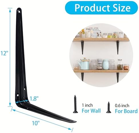 20 Pack Shelf Brackets 12 Inch, Black Metal Brackets for Shelves, L Shape She...