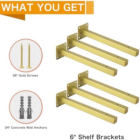 EZYDECOR 6 Pcs Gold Shelf Brackets Heavy Duty Brackets for Shelves 12 Inch